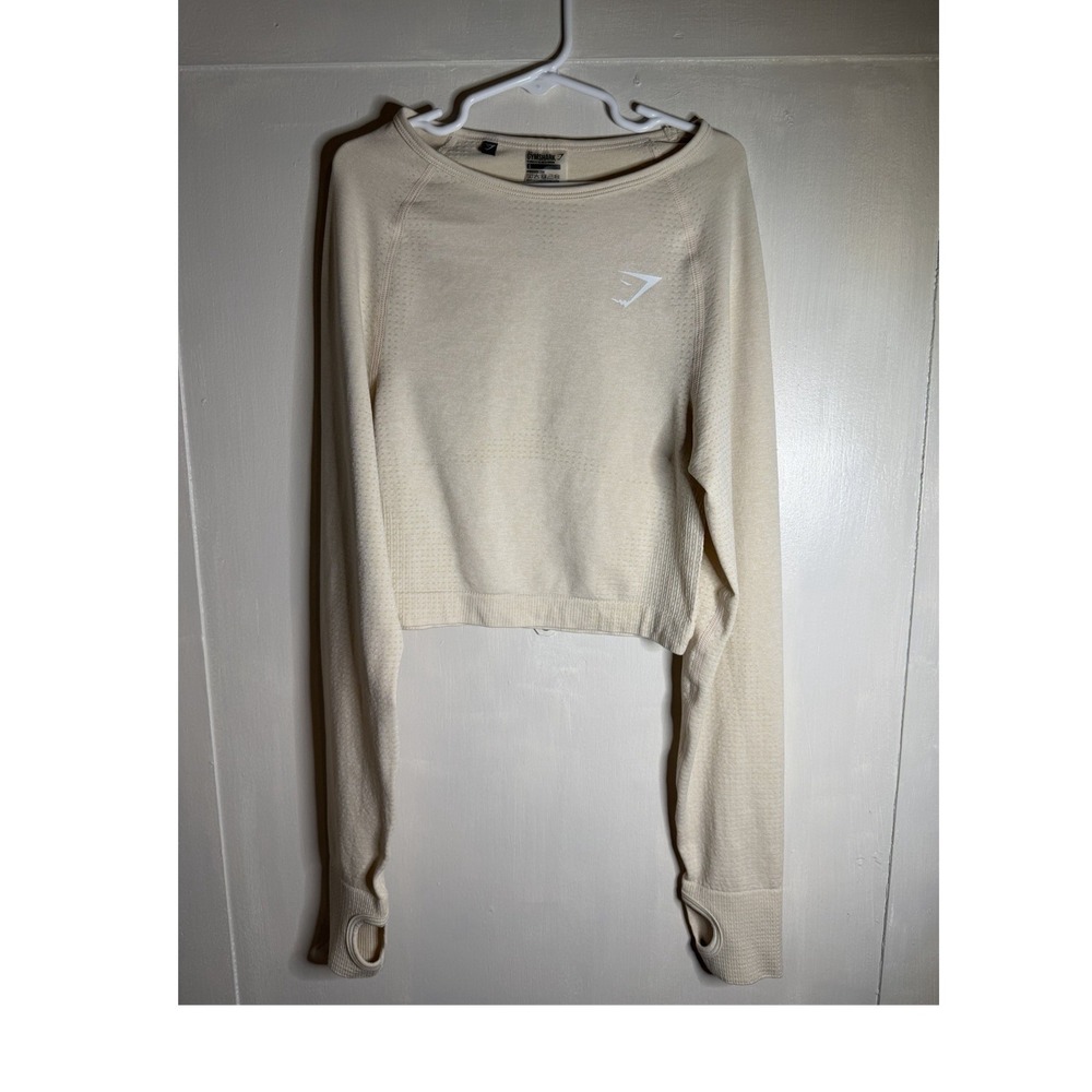Gymshark Beige Cropped Long Sleeve Crew Neck Lightweight Athletic Top Women's S